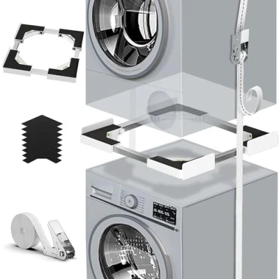 Afbeelding van Universele stapelset voor wasmachine en droger, met rateltouw, accessoires verstelbare maat 45 68 cm (wit)