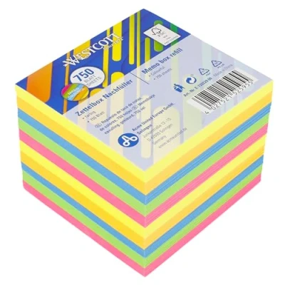 Afbeelding van Westcott E 733229 00 Lot de 750 feuilles notes colorées Bloc avec 9 x cm en 5 couleurs fluo Kit recharge pour boîte distributrice Papier certifié FSC 75 g/m²