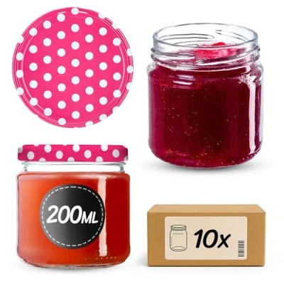 Afbeelding van KADAX Kleine inmaakpotten, 200 ml, luchtdicht, rond, FI66 mm, jampotten, bokalen, minipotten voor honing en kruiden, 10 stuks, roze met stippen