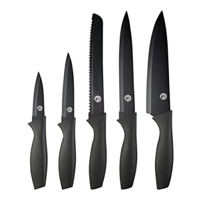 Afbeelding van Master Chef Set keukenmes, messen inclusief kantoormes, universeel, broodmes en koksmes, roestvrij staal, antiaanbaklaag, 5 stuks, ergonomische handgreep
