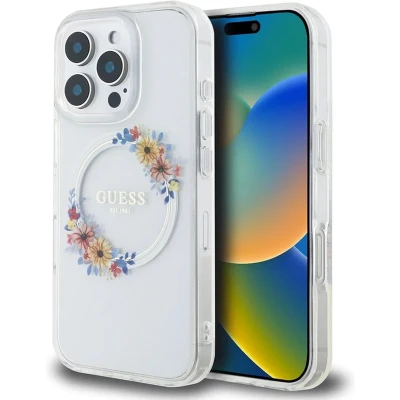 Afbeelding van Guess iPhone 16 Pro Max Backcover hoesje Magsafe IML flowers Transparant