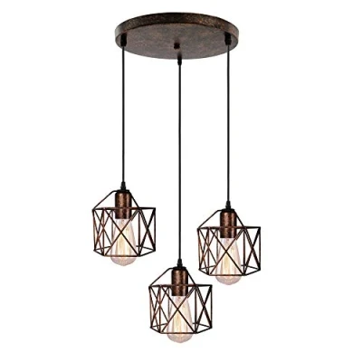 Afbeelding van iDEGU Hanglamp met 3 lampen, vintage stijl, industrieel design, zeshoekige kooi lampenkap van metaal, E27, plafondlamp voor slaapkamer, eetkamer, woonkamer (roest)