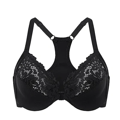 Afbeelding van DELIMIRA Kanten beha voor dames, racerback, grote maten, zonder voering, met beugel, diepe kraag, zwart.