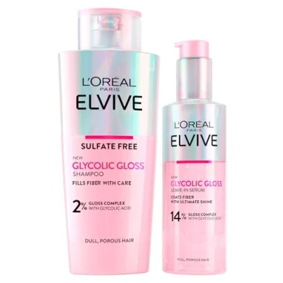Image de L&#039;Oréal Paris Elvive Glycolic Gloss Shampooing éclaircissant à l&#039;acide Glycolique 200 ml + Sérum sans rinçage pour cheveux poreux et ternes Elvital Brillance 150 Lot de 2