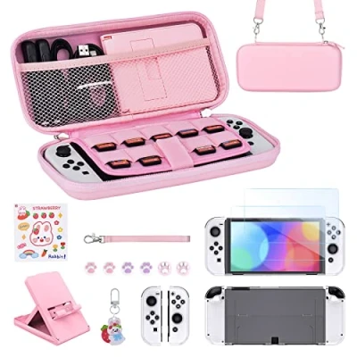 Afbeelding van Younik Switch OLED accessoireset, roze, 15 in 1 accessoireset voor meisjes, inclusief draagtasje, verstelbare standaard, beschermhoes Console en J Con