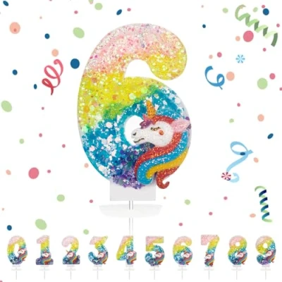 Afbeelding van Verjaardagskaarsen, cijfer 6, regenboog, eenhoorn, taartdecoratie, voor meisjes en jongens