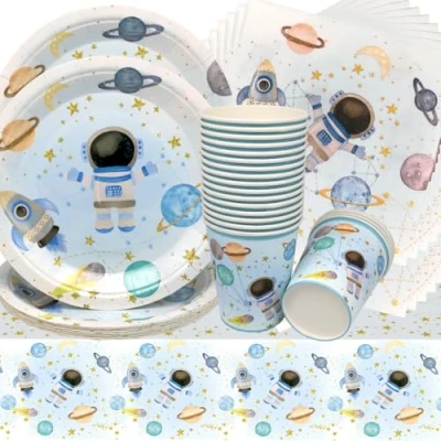 Afbeelding van Doyomtoy 61 stuks borden voor ruimtefeest, verjaardag, ruimtedecoratie, astronautenplanet, verjaardagsborden, kopjes, servetten babyshower, kinderen verjaardag