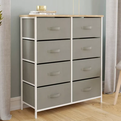 Afbeelding van Commode 8 tiroirs en tissu ALTA 80 cm gris clair et plateau effet bois design industriel