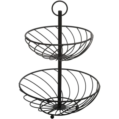 Afbeelding van Dubbele etagere fruitschaal/fruitmand rond zwart metaal 27 x 39 cm Fruitschalen/fruitmanden Draadmand van