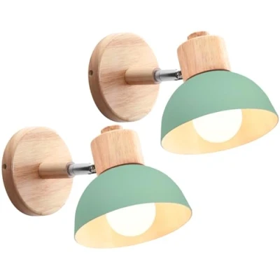 Afbeelding van IDEGU Industriële wandlamp, vintage, verstelbaar, van hout, metaal, retro, E27 fitting, wandlamp voor binnen, slaapkamer, woonkamer, hal, restaurant, 15 cm (2 stuks, groen)