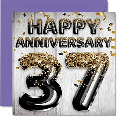 Afbeelding van Leuke 37e verjaardagskaart voor echtgenoot, vriend, vrouw, vriendin zwarte gouden glitter ballon wenskaarten 37 jaar familie, 145 mm x
