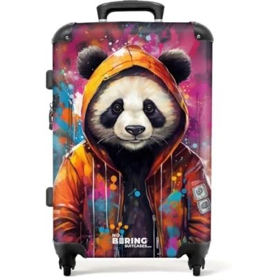 Afbeelding van NoBoringSuitcases.com® Koffer groot Rolkoffer lichtgewicht Panda met oranje jas en verfspetters Reiskoffer 4 wielen Grote trolley XL 20 kg bagage