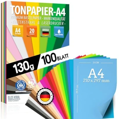 Afbeelding van 100 vellen kleipapier, gekleurd papier DIN A4, 130 g/m², 20 kleuren, kindervellen, knutselaccessoires voor fotoalbumgeschenken, om creatief te zijn bedrukbaar
