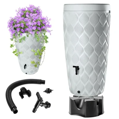 Afbeelding van KADAX Récupérateur d&#039;eau de pluie avec bac à plantes intégré dans le couvercle 240 l En plastique Réservoir robinet et pied (gris clair)