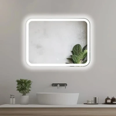 Afbeelding van Venti Rechthoekige badkamerspiegel 80 x 60 cm met ledverlichting en touch schakelaar, afgeronde hoeken, led spiegel in natuurlijk wit aan de voorkant van spiegel.