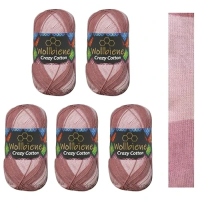 Afbeelding van Wollbiene Crazy Cotton Batik 5 x 100 g, 500 gram met kleurverloop, 55% katoen, meerkleurig, breiwol voor haken alle seizoenen (6090 bessentinten)