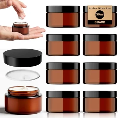 Afbeelding van volila amberkleurige glazen potten 8 stuks met uv bescherming van 30 ml binnenvoering, spatel en deksel cosmeticapotten voor poeder, lotion crème