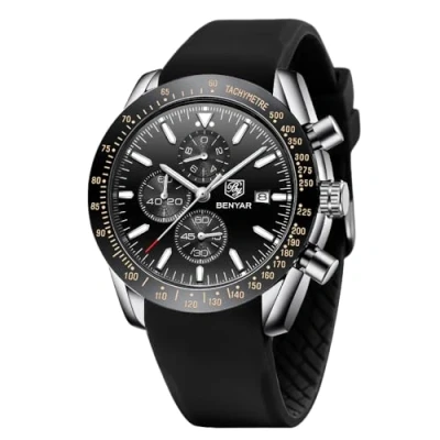 Afbeelding van BENYAR Herenhorloge, waterdicht, chronograaf, helder, klassiek, armband van roestvrij staal, grote wijzerplaat, analoog, krasbestendig, elegant cadeau