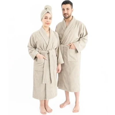 Afbeelding van Hammetex Badjas van 100% katoen, uniseks, voor dames en heren, premium kwaliteit, 400 g/m², zacht absorberend, badstof, met zakken, Beige