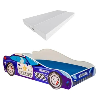Afbeelding van KOBI kinderbed Sheriff Car 140 x 70 cm meerkleurig thema politie auto jongens meisjes met lattenbodem en matras hutbed barrière