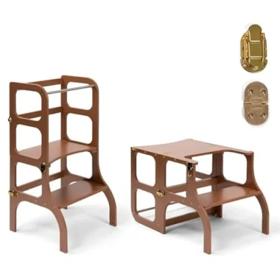 Afbeelding van Ette Tete Step &#039;n Sit Leertoren Mocha Mousse met goud clips Inklapbaar tot tafel en stoel Learning Tower Montessori inspired Keukentrap Keukenhulp Leerstoel Veilig Duurzaam
