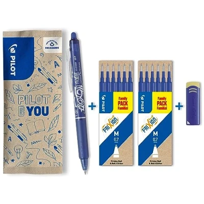 Image de PILOT 1 FriXion Ball Clicker Bleu + 2 Sets de 6 recharges Gomme Encre Gel Effaçable Stylo Roller Rechargeable, Rétractable et Ergonomique Pointe moyenne