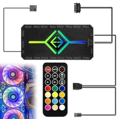 Afbeelding van ARGB PWM 2 in 1 ventilatorhub met controller, 9 x 4 polige ventilatoraansluitingen en 5 V 3 poorten, RGB magnetische basis SATA Power 18 poort,