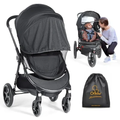 Afbeelding van Orzbow Universeel vliegengaas voor kinderwagen, 50+ verstelbare UV zonwering kinderwagen met dubbele ritssluiting en 3D houder van pvc, band (zwart)