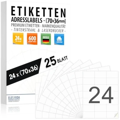 Afbeelding van 70 x 36 adreslabels zelfklevend (24 per DIN A4 vel), bedrukbaar met inkjet en laserprinter, Made in Germany (25 vellen, mm)