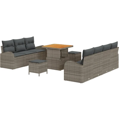 Afbeelding van vidaXL 10 delige Tuin Sofa Set met Kussens Grijs Poly Riet Acacia, 2 zit Opslag &amp;