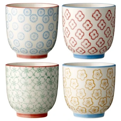 Afbeelding van Bloomingville Emma Set van 4 kleine vintage theekopjes zonder handvat, 7 x cm, blauw, rood, groen, geel, keramiek, ca. 160 ml