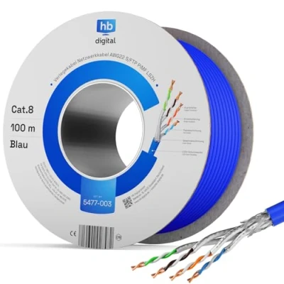 Afbeelding van HB DIGITAL 100m Cat. 8 netwerkkabel installatiekabel B2Ca datakabel binnenshuis ∅ 0,6 mm Ethernet LAN kabel Cat8 tot 40 Gbit/s koper S/FTP 2000 MHz PIMF LSZH halogeenvrij AWG 22/1 blauw