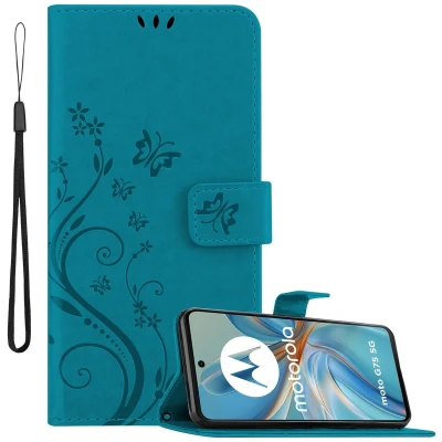Afbeelding van Cadorabo Hoesje geschikt voor Motorola Moto G75 in BLOEMEN BLAUW Beschermhoes bloemmotief met magnetische sluiting, standfunctie en kaartsleuven Book Case Cover Etui