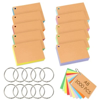 Afbeelding van Votoko Kaarten, A8, 1000 stuks, kleurrijke leerkaarten met bindringen, 7,4 x 5,1 cm, woordenschatkaarten, gelinieerd, 10 kleuren, voor kantoor, thuis, school, kaarten