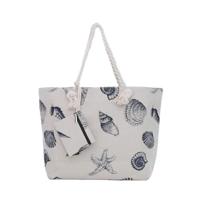 Afbeelding van Beige schelpen grote strandtas palmbomen Schoudertas met ritssluiting Katoen