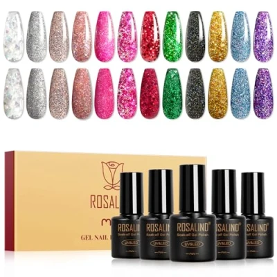 Afbeelding van ROSALIND Vernis Semi permanent Pailleté,12 Couleurs Argent Rose Rouge Vert Noir Or Bleu Violet Paillettes Gel, Soak off Mini UV/LED à Ongles Glitter Manucure