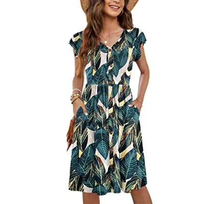 Afbeelding van Molerani Zomerjurk voor dames, casual, ruches, V hals, elastische taille, midi jurk met zakken, maten S 2XL