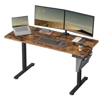 Afbeelding van SONGMICS Elektrisch zit stabureau, in hoogte verstelbaar, 60 x 140 (72 120 cm), 4 geheugenbare hoogtes, opbergtas, voor kantoor, rustiek bruin en inktzwart LSD134K01