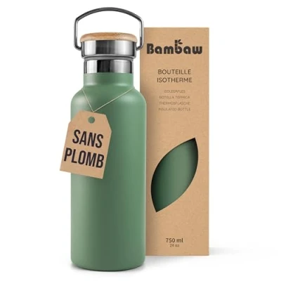 Afbeelding van Bambaw® 750ml RVS Thermosfles Dubbelwandig, Milieuvriendelijk, Lekvrijen, loodvrij en Plasticvrij Geïsoleerde Fles met Bamboe Deksel voor Warme Koude Dranken Ideaal Reizen, Werk, Yoga, Wandelen Dagelijks Gebruik groen