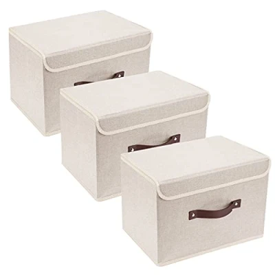 Afbeelding van 3 stuks opvouwbare opbergdozen met deksel, dozen voor kleding, speelgoed, rek beige