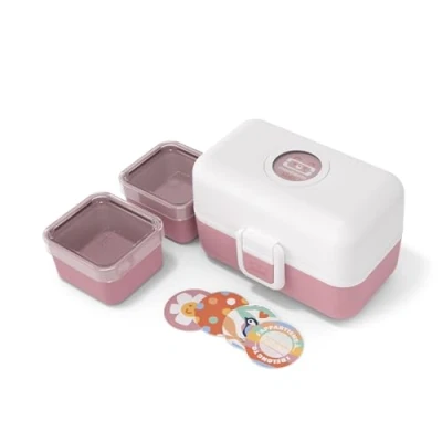 Afbeelding van monbento Lunch Box Enfant Tresor blanc/rose La Boite Repas 3 Compartiments pour Idéal et Goûter Ecole/Pique nique Sans BPA Personnalisable Sûre Blanc &amp; Rose