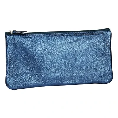 Afbeelding van Clairefontaine 8706C Platte indigo schooletui met iriserend effect, 22 x 11 cm, van echt lamsleer, schoolbenodigdheden, etui kleurpotloden, pennenhouder