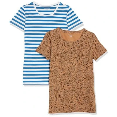Image de Amazon Essentials Lot de 2 t shirts à manches courtes et col rond pour femme, coupe classique, rayures bleues/camel, taille S