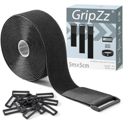 Afbeelding van GripZz Sangles de Câble Réglables 5 cm x m avec 15 Boucles Attache en Scratch Robustes Attaches Ajustables, Découpables, Réutilisables pour Fixer Câbles, Tuyaux, Tubes et Plus