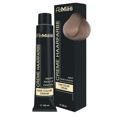 Image de FemMas Teinture pour cheveux 100 ml Crème professionnelle enrichie à l’huile d&#039;argan nourrissante, la kératine et aux céramides Coloration permanente ou teinte Blond clair citronné, 10.13