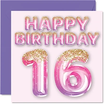 Afbeelding van Verjaardagskaart voor meisjes 16 jaar, roze en paarse glitterballonnen, verjaardagskaarten dochter, zus, kleindochter, neef, 145 mm x