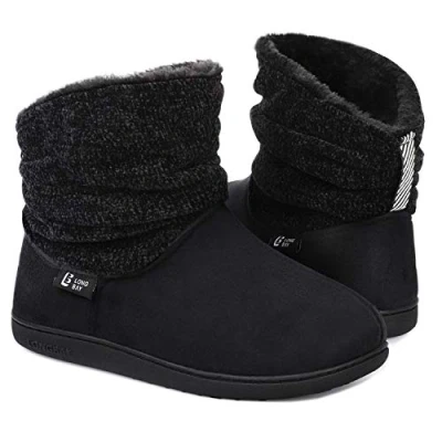 Afbeelding van LongBay Warme pantoffels voor dames, chenille gebreid, comfortabele van imitatie suède en imitatiebont, traagschuim, zwart.