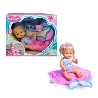 Afbeelding van Nenuco Famosa NFN22000 babypop met zeemeerminstaart van stof om te verwijderen en op zetten, grappig speelgoed accessoires, waterdicht, cadeau voor kinderen vanaf 2 jaar