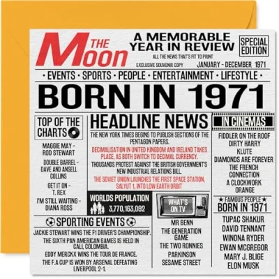Image de Stuff4 Cartes de 53e anniversaire pour homme et femme Journal Born In 1971 Carte d&#039;anniversaire maman, papa, oncle, tante, vintage, rétro, Back 1971, 145 mm x Fifty Three Third Bday