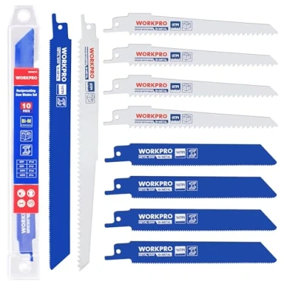 Afbeelding van WORKPRO 10 stuks bimetalen reciprozaagbladen met kunststof opbergdoos, compatibel de meeste reciprozagen 152 mm/230 mm